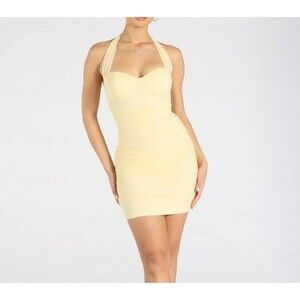 Butter Yellow Bodycon Halter Ruched party dress - Size Small - NEW WITH TAGS